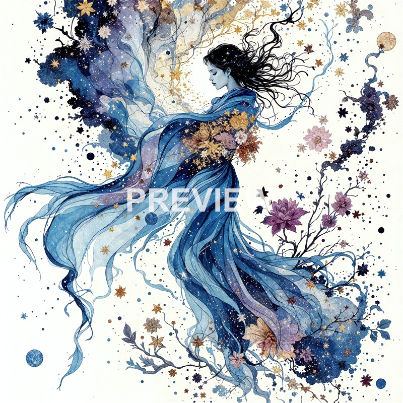 A beautifully illustrated woman with flowing hair and a dress made of swirling blue and gold patterns, surrounded by flowers and star-like elements.